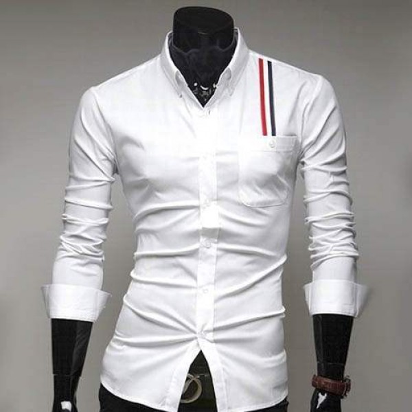Chemise Homme Stylish Men Elegance chevron Bande rayee Fitted Blanche